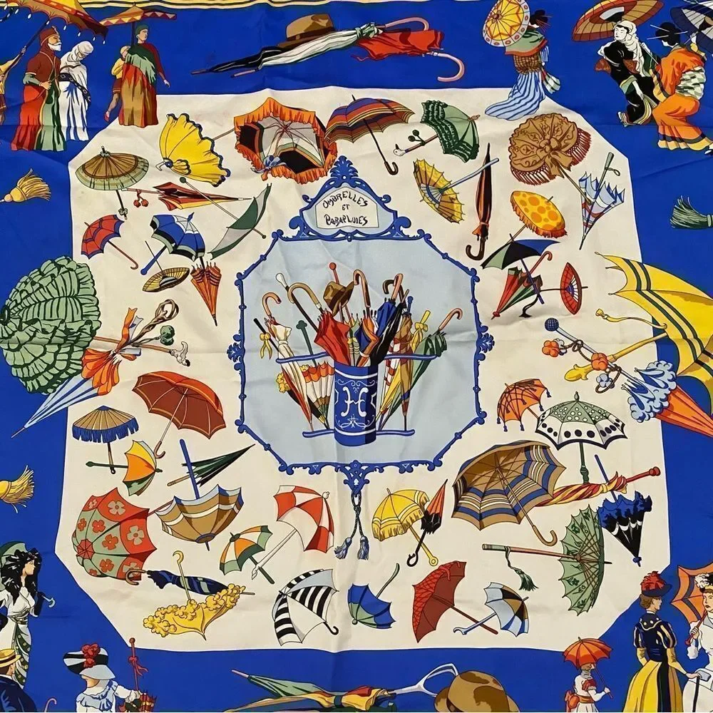Hermes Blue Silk Square Scarf Ombrelles et Parapluies Umbrellas France 1998